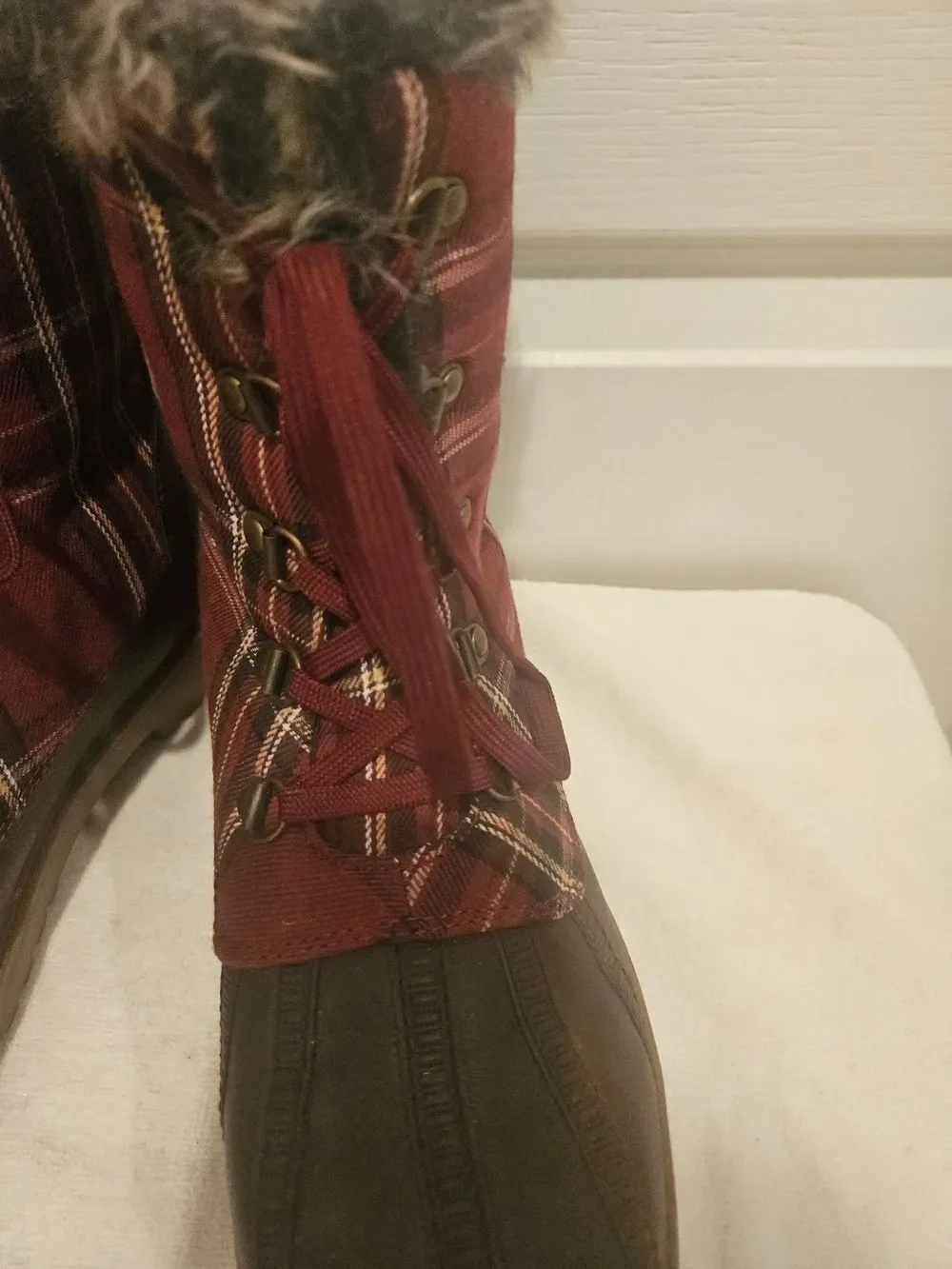 JustFab Burgundy & Brown Faux-Fur Trim Winter Lace-Up Boots